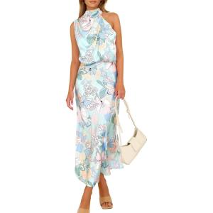 imagePRETTYGARDEN Womens 2025 Summer Satin Dress Elegant Sleeveless Mock Neck Cocktail Party Maxi DressesPrint Blue