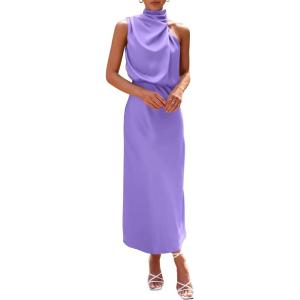 imagePRETTYGARDEN Womens 2025 Summer Satin Dress Elegant Sleeveless Mock Neck Cocktail Party Maxi DressesPurple