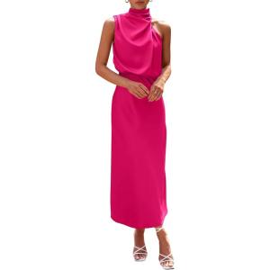 imagePRETTYGARDEN Womens 2025 Summer Satin Dress Elegant Sleeveless Mock Neck Cocktail Party Maxi DressesRose Red