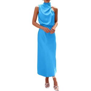 imagePRETTYGARDEN Womens 2025 Summer Satin Dress Elegant Sleeveless Mock Neck Cocktail Party Maxi DressesSky Blue