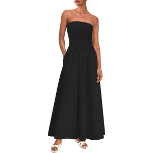 imagePRETTYGARDEN Womens Strapless Wedding Guest Dresses 2025 Summer Trendy Elegant Smocked Tube Top Maxi Long Flowy SundressBlack