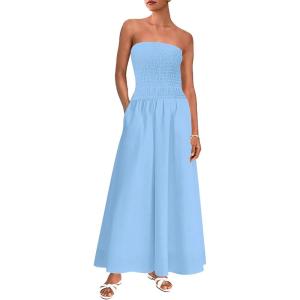 imagePRETTYGARDEN Womens Strapless Wedding Guest Dresses 2025 Summer Trendy Elegant Smocked Tube Top Maxi Long Flowy SundressLight Blue