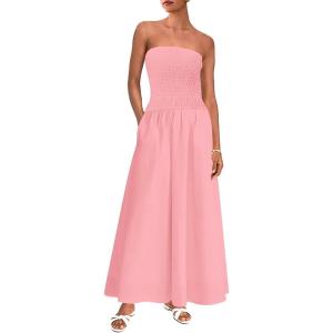 imagePRETTYGARDEN Womens Strapless Wedding Guest Dresses 2025 Summer Trendy Elegant Smocked Tube Top Maxi Long Flowy SundressPink