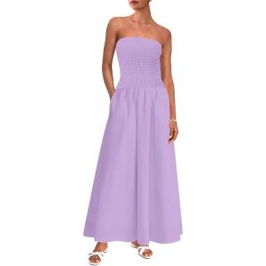 imagePRETTYGARDEN Womens Strapless Wedding Guest Dresses 2025 Summer Trendy Elegant Smocked Tube Top Maxi Long Flowy SundressPurple