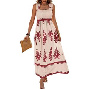 imagePRETTYGARDEN Womens Summer Boho Maxi Dress Casual Sleeveless Square Neck Floral A Line Smocked Beach Dresses with PocketsFloral Apricot Wine Red
