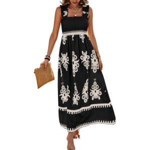 imagePRETTYGARDEN Womens Summer Boho Maxi Dress Casual Sleeveless Square Neck Floral A Line Smocked Beach Dresses with PocketsFloral Black Apricot