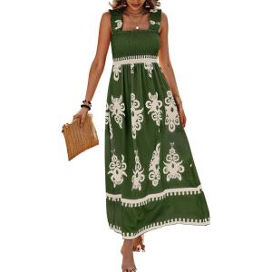 imagePRETTYGARDEN Womens Summer Boho Maxi Dress Casual Sleeveless Square Neck Floral A Line Smocked Beach Dresses with PocketsFloral Green Apricot