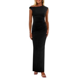 imagePRETTYGARDEN Womens Summer Formal Maxi Dresses Sleeveless One Shoulder Bodycon Ruched Slit Mesh Wedding Guest Cocktail DressBlack