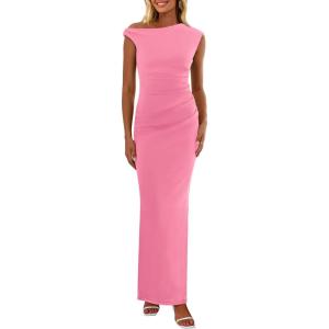 imagePRETTYGARDEN Womens Summer Formal Maxi Dresses Sleeveless One Shoulder Bodycon Ruched Slit Mesh Wedding Guest Cocktail DressPink