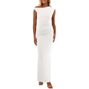 imagePRETTYGARDEN Womens Summer Formal Maxi Dresses Sleeveless One Shoulder Bodycon Ruched Slit Mesh Wedding Guest Cocktail DressWhite