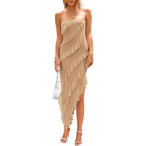 imagePRETTYGARDEN Womens Summer Long Formal Cocktail Dress 2025 Strapless Tube Asymmetrical Ruffle Maxi Bodycon Party DressesApricot
