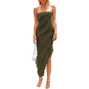 imagePRETTYGARDEN Womens Summer Long Formal Cocktail Dress 2025 Strapless Tube Asymmetrical Ruffle Maxi Bodycon Party DressesArmy Green