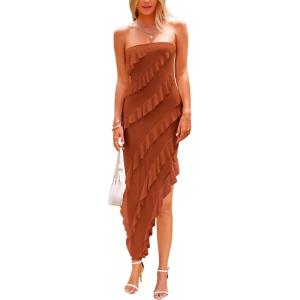 imagePRETTYGARDEN Womens Summer Long Formal Cocktail Dress 2025 Strapless Tube Asymmetrical Ruffle Maxi Bodycon Party DressesCaramel