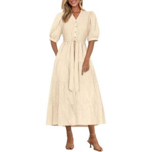 imagePRETTYGARDEN Womens Summer Midi Dress 2025 Casual Short Sleeve V Neck Buttons Belted Ruffle A Line Flowy Dress with PocketsAprioct