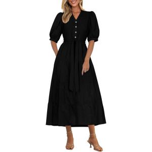 imagePRETTYGARDEN Womens Summer Midi Dress 2025 Casual Short Sleeve V Neck Buttons Belted Ruffle A Line Flowy Dress with PocketsBlack