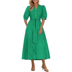 imagePRETTYGARDEN Womens Summer Midi Dress 2025 Casual Short Sleeve V Neck Buttons Belted Ruffle A Line Flowy Dress with PocketsGreen