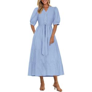 imagePRETTYGARDEN Womens Summer Midi Dress 2025 Casual Short Sleeve V Neck Buttons Belted Ruffle A Line Flowy Dress with PocketsLight Blue