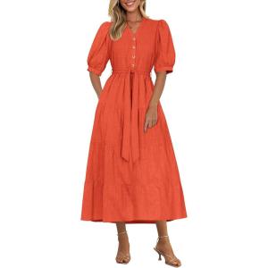 imagePRETTYGARDEN Womens Summer Midi Dress 2025 Casual Short Sleeve V Neck Buttons Belted Ruffle A Line Flowy Dress with PocketsOrange