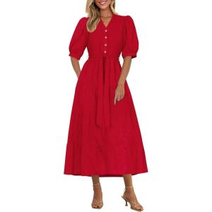 imagePRETTYGARDEN Womens Summer Midi Dress 2025 Casual Short Sleeve V Neck Buttons Belted Ruffle A Line Flowy Dress with PocketsRed