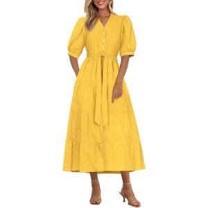 imagePRETTYGARDEN Womens Summer Midi Dress 2025 Casual Short Sleeve V Neck Buttons Belted Ruffle A Line Flowy Dress with PocketsYellow