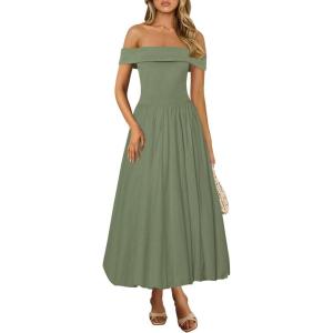 imagePRETTYGARDEN Womens Summer Off Shoulder Sleeveless Midi Dress Cocktail A Line Flowy Wedding Guest Dresses with PocketsArmy Green
