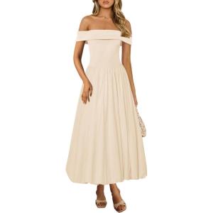 imagePRETTYGARDEN Womens Summer Off Shoulder Sleeveless Midi Dress Cocktail A Line Flowy Wedding Guest Dresses with PocketsBeige