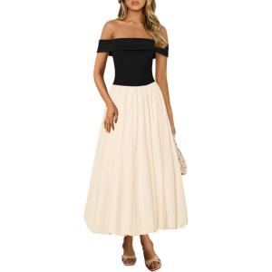 imagePRETTYGARDEN Womens Summer Off Shoulder Sleeveless Midi Dress Cocktail A Line Flowy Wedding Guest Dresses with PocketsBlack Apricot