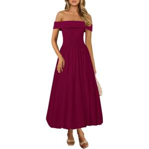 imagePRETTYGARDEN Womens Summer Off Shoulder Sleeveless Midi Dress Cocktail A Line Flowy Wedding Guest Dresses with PocketsWine Red