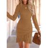 imagePRETTYGARDEN Womens Spring Fall Ruched Bodycon Mini Dress Long Puff Sleeve Ruffle Fitted Cocktail Party DressesKhaki
