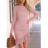 imagePRETTYGARDEN Womens Spring Fall Ruched Bodycon Mini Dress Long Puff Sleeve Ruffle Fitted Cocktail Party DressesPink
