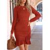 imagePRETTYGARDEN Womens Spring Fall Ruched Bodycon Mini Dress Long Puff Sleeve Ruffle Fitted Cocktail Party DressesRust Red