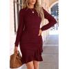 imagePRETTYGARDEN Womens Spring Fall Ruched Bodycon Mini Dress Long Puff Sleeve Ruffle Fitted Cocktail Party DressesWine Red