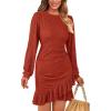 imagePRETTYGARDEN Womens Spring Fall Ruched Bodycon Mini Dress Long Puff Sleeve Ruffle Fitted Cocktail Party DressesRust Red