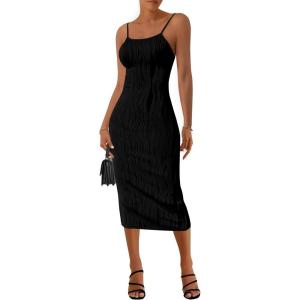 imagePRETTYGARDEN Womens Sexy Midi Bodycon Dress 2025 Summer Spaghetti Strap Sleeveless Knit Party Tight Fitted DressesBlack