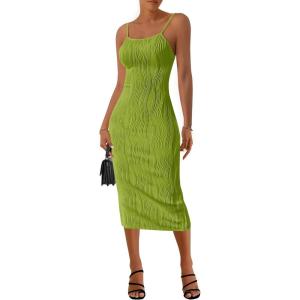 imagePRETTYGARDEN Womens Sexy Midi Bodycon Dress 2025 Summer Spaghetti Strap Sleeveless Knit Party Tight Fitted DressesFruit Green