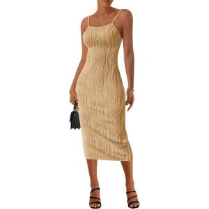 imagePRETTYGARDEN Womens Sexy Midi Bodycon Dress 2025 Summer Spaghetti Strap Sleeveless Knit Party Tight Fitted DressesLight Khaki