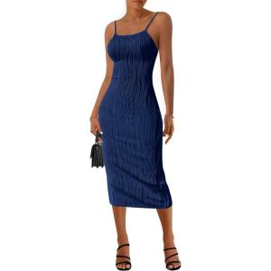 imagePRETTYGARDEN Womens Sexy Midi Bodycon Dress 2025 Summer Spaghetti Strap Sleeveless Knit Party Tight Fitted DressesNavy