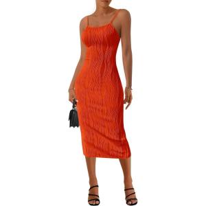 imagePRETTYGARDEN Womens Sexy Midi Bodycon Dress 2025 Summer Spaghetti Strap Sleeveless Knit Party Tight Fitted DressesOrange