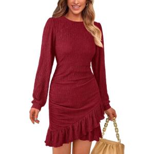 imagePRETTYGARDEN Womens Spring Fall Ruched Bodycon Mini Dress Long Puff Sleeve Ruffle Fitted Cocktail Party DressesRed