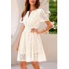 imagePRETTYGARDEN Womens 2025 Summer Short Dress V Neck Short Sleeve A Line Hollow Out Lace Ruffle Cute Casual Beach Party DressesBeige White