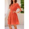 imagePRETTYGARDEN Womens 2025 Summer Short Dress V Neck Short Sleeve A Line Hollow Out Lace Ruffle Cute Casual Beach Party DressesOrange