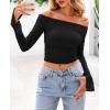 imagePRETTYGARDEN Womens Long Sleeve T Shirts Casual Off Shoulder Ruched Slim Fit Crop Tops Going Out Summer BlousesBlack