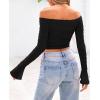 imagePRETTYGARDEN Womens Long Sleeve T Shirts Casual Off Shoulder Ruched Slim Fit Crop Tops Going Out Summer BlousesBlack