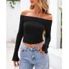 imagePRETTYGARDEN Womens Long Sleeve T Shirts Casual Off Shoulder Ruched Slim Fit Crop Tops Going Out Summer BlousesBlack