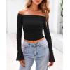 imagePRETTYGARDEN Womens Long Sleeve T Shirts Casual Off Shoulder Ruched Slim Fit Crop Tops Going Out Summer BlousesBlack