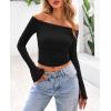 imagePRETTYGARDEN Womens Long Sleeve T Shirts Casual Off Shoulder Ruched Slim Fit Crop Tops Going Out Summer BlousesBlack