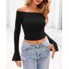 imagePRETTYGARDEN Womens Long Sleeve T Shirts Casual Off Shoulder Ruched Slim Fit Crop Tops Going Out Summer BlousesBlack