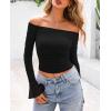imagePRETTYGARDEN Womens Long Sleeve T Shirts Casual Off Shoulder Ruched Slim Fit Crop Tops Going Out Summer BlousesBlack