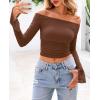 imagePRETTYGARDEN Womens Long Sleeve T Shirts Casual Off Shoulder Ruched Slim Fit Crop Tops Going Out Summer BlousesCoffee