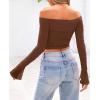 imagePRETTYGARDEN Womens Long Sleeve T Shirts Casual Off Shoulder Ruched Slim Fit Crop Tops Going Out Summer BlousesCoffee